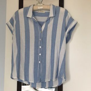 Lucky Brand blue and white striped linen blend short-sleeved shirt